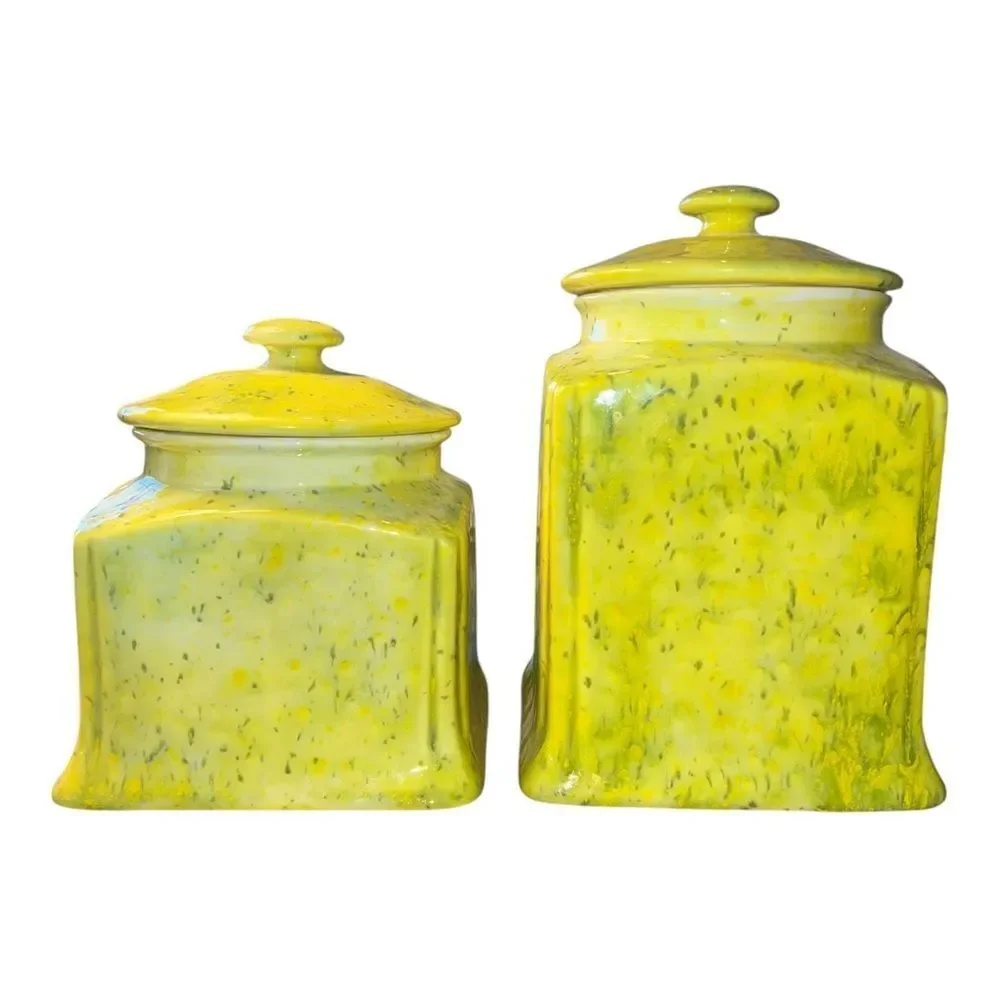 Handmade Yellow & Green Splatter Ceramic Canister Set of 2 w/ Lids EUC